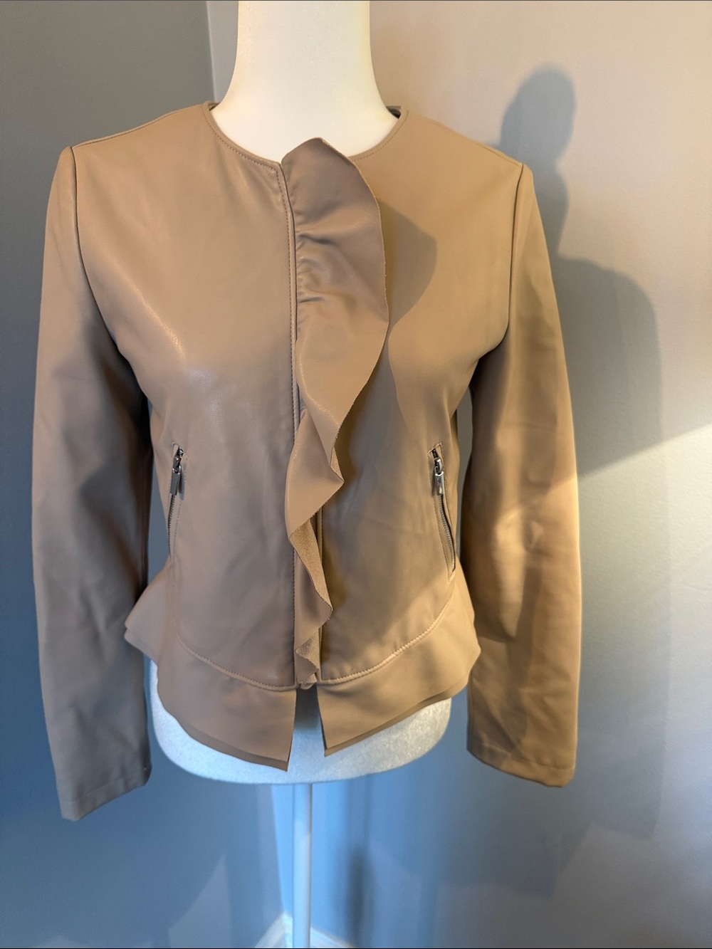 Zara Taupe Ruffle-Front Faux Leather Jacket